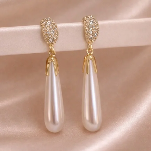 Modern Elegant Gold Pearl Drop Earrings - Picture 2 of 7